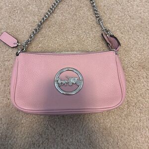 Coach Pink Leather Wristlet with Silver Chain